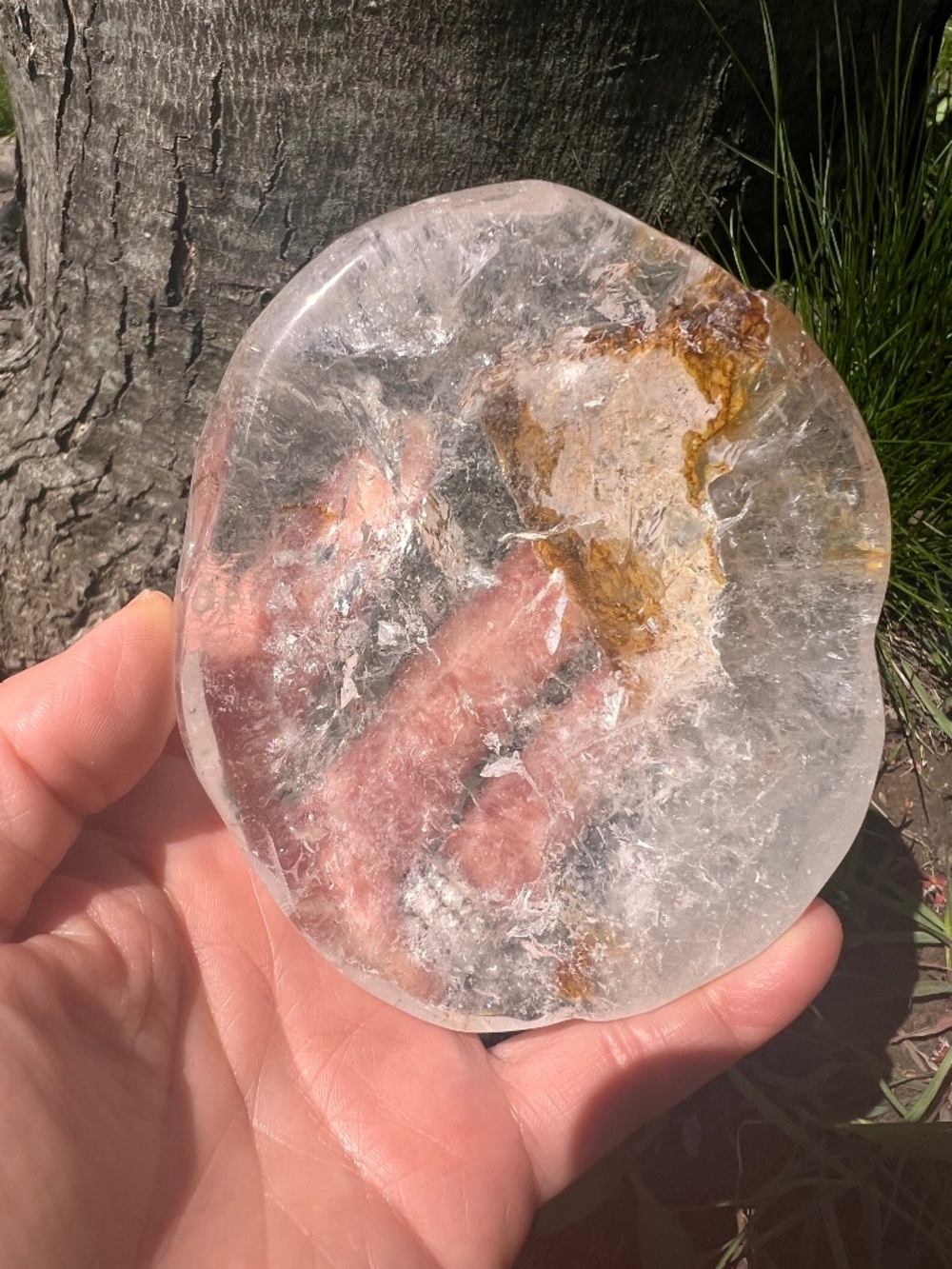 Clear (1) quartz bowl with golden healer | crystal